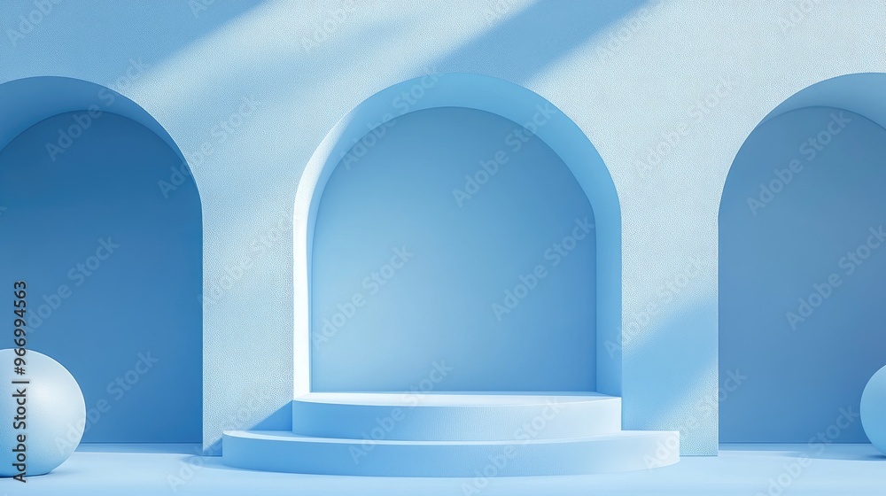 Poster Empty podium featuring geometric shapes in a blue composition for modern stage presentations and minimalist mockups serving as an abstract showcase background 3D illustration or render concept