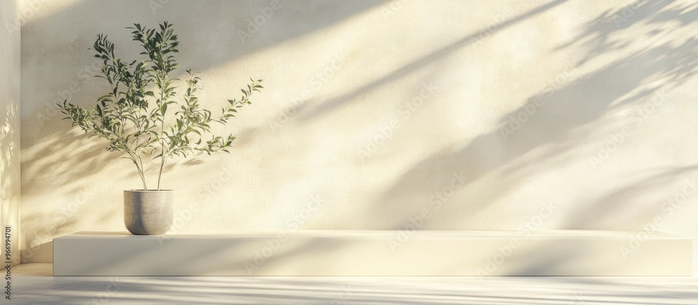 Poster Natural podium on a soft pastel stucco background featuring a plant and shadows on the wall 3D render Abstract minimalist display for exhibitions product presentations relaxation and wellness