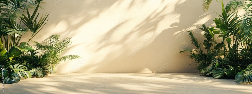 Poster Abstract backdrop for product showcase featuring sunlight and shadows cast by tropical foliage on a beige concrete surface 3D rendering