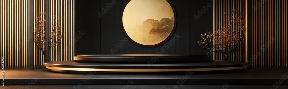 Poster abstract black and gold podium design featuring japanese style elements 3d rendering