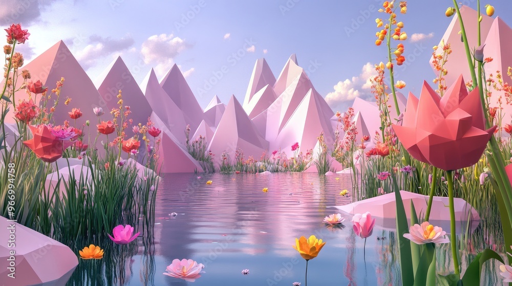 Poster Abstract landscape scene of spring and summer featuring geometric shapes a lake and floral views in 3D rendering