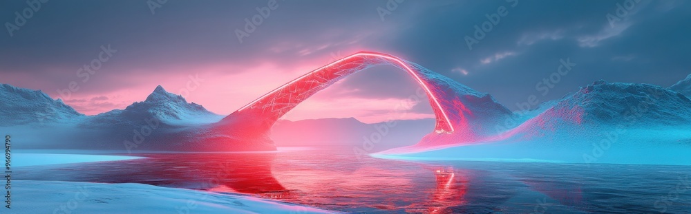 Poster surreal dreamlike landscape featuring abstract dunes in a winter setting with a geometric arch encha