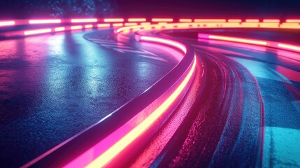 Obraz premium Neon arrow lights adorning a dynamic racetrack 3D rendering