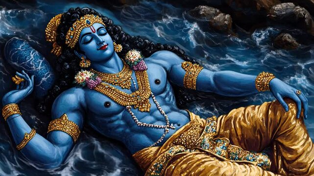 A vibrant depiction of Lord Vishnu reclining in the cosmic ocean, symbolizing Hindu mythology and celebrated during Janmashtami and Diwali festivals, Indian art