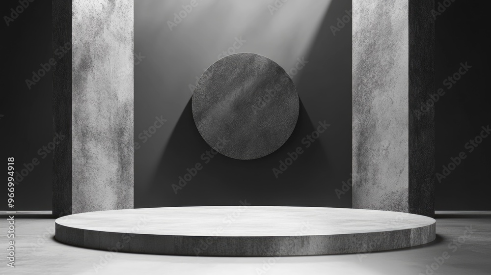 Poster Empty podium with geometric shapes in a gray composition for a modern stage display and minimalist mockup abstract showcase background 3D illustration or render concept