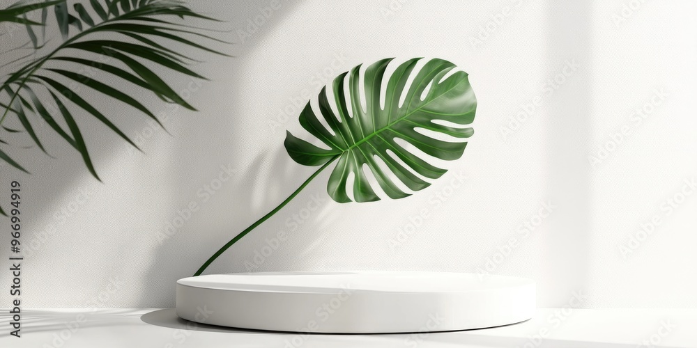 Poster White podium for product display featuring a monstera leaf 3D rendering