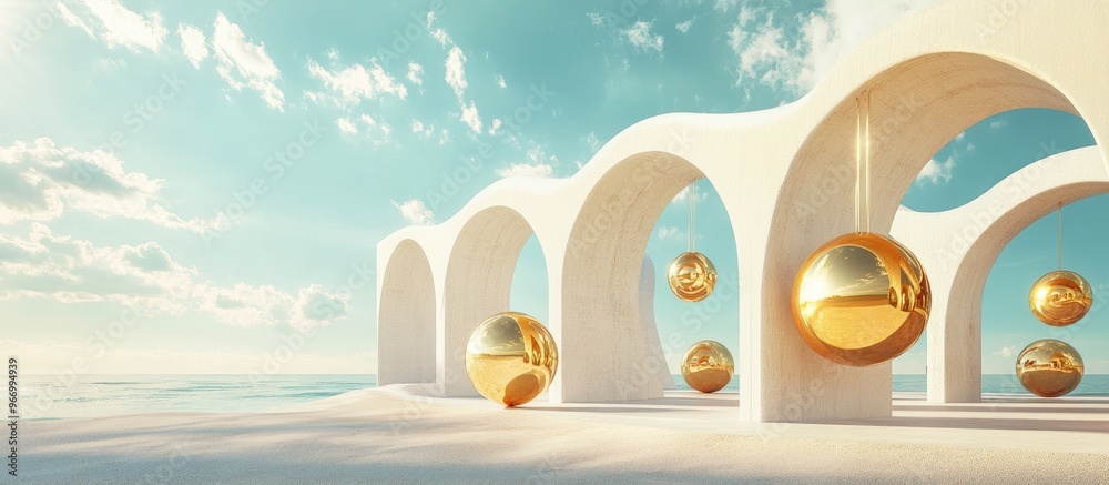 Poster Abstract architectural design featuring arches and suspended golden spheres set against a sandy beach and sky background 3D rendering with ample copy space Contemporary minimalist illustration for