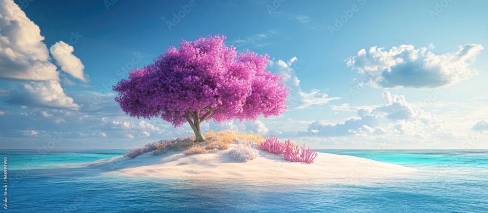 Aufkleber surreal 3d rendering of a pastel purple tree in a vibrant landscape featuring a colorful island and 