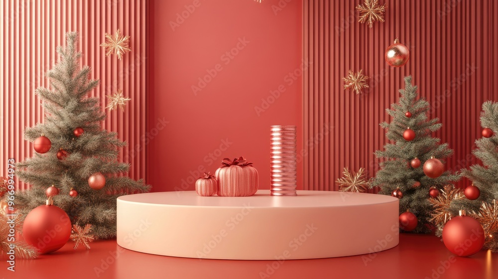 Poster Festive Background and Podium with Cylindrical Product Display Ideal for Showcasing Products and Promoting Seasonal Events 3D Rendering