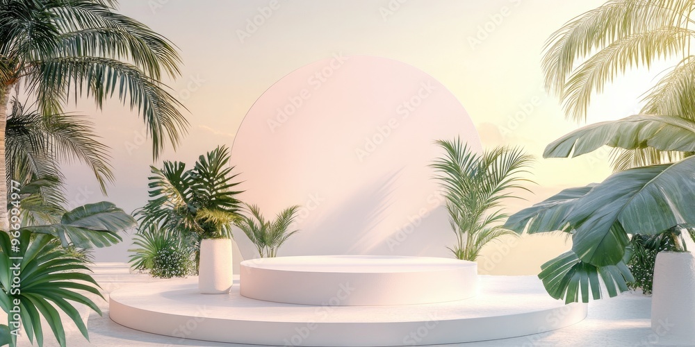 Poster tropical summer landscape featuring a product display podium 3d rendering
