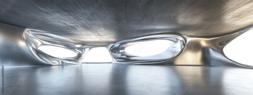 Poster Abstract modern showroom design featuring silver metallic elements and a concrete floor Empty futuristic background in 3D rendering