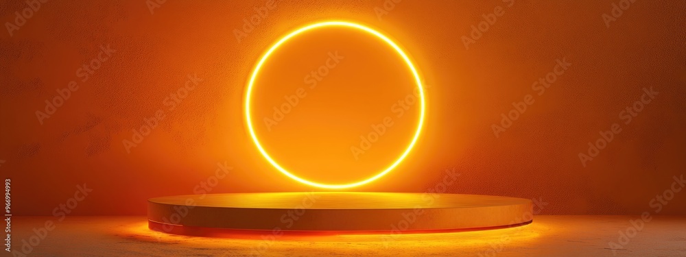 Aufkleber Floating pedestal with a neon line on a thick yellow mat background 3D render of an abstract scene featuring a suspended podium and a neon circular frame