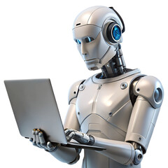 robot with laptop isolated on transparent white background, clipping path 