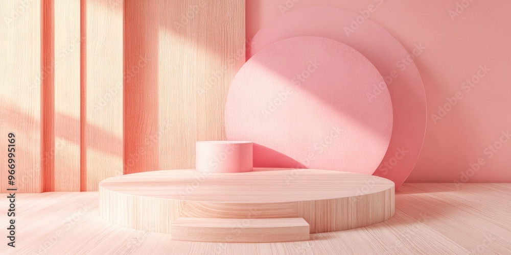 Poster pink geometric shapes on a wooden cylindrical podium abstract pastel background decorative elements 