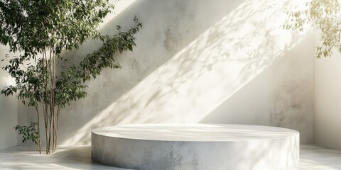 Podium for showcasing branding and packaging Presentation for cosmetic and fashion products Display featuring white concrete with marble stone texture Natural beauty pedestal illuminated by sunlig