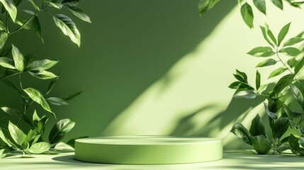 Minimalist 3D green podium against a studio backdrop Abstract geometric shape illustration for showcasing organic and eco friendly products