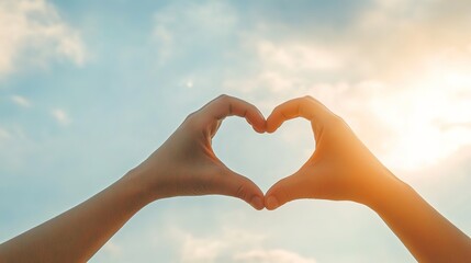 Fototapeta premium Hands form heart shape against sunset sky