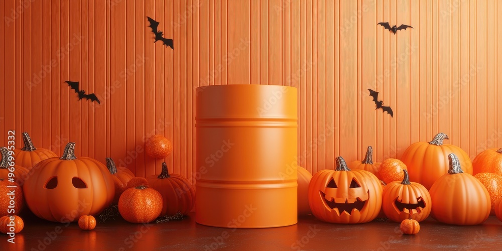 Poster abstract 3d backdrop featuring an orange cylinder box and pumpkins for product display halloween the