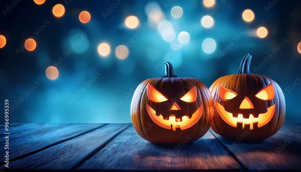 Poster two halloween lanterns with evil eyes and face on a wood table with a spooky dark blue background at