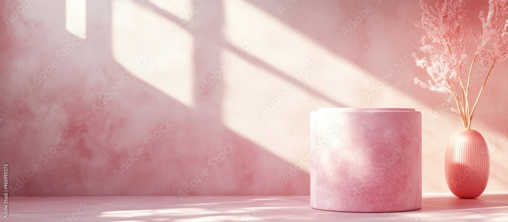 Poster abstract pastel colored scene featuring a pink geometric podium in the background 3d rendering