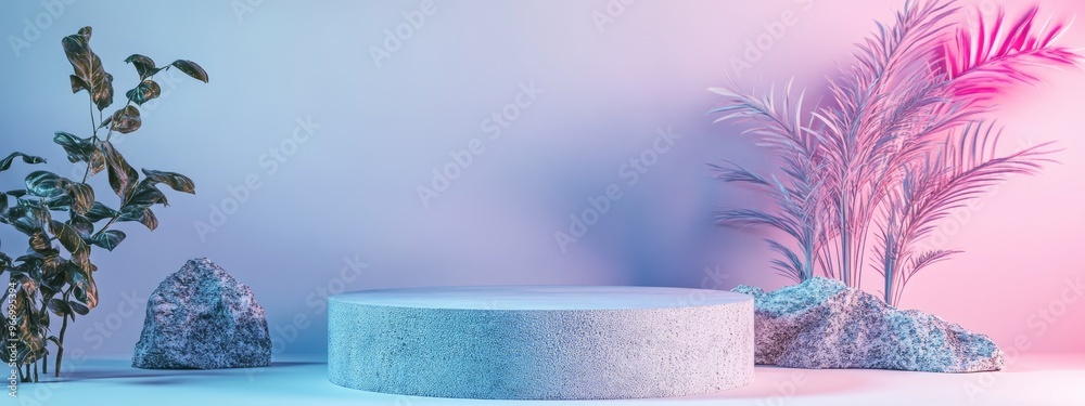 Poster stone display podium featuring natural leaves on a white background 3d rendering