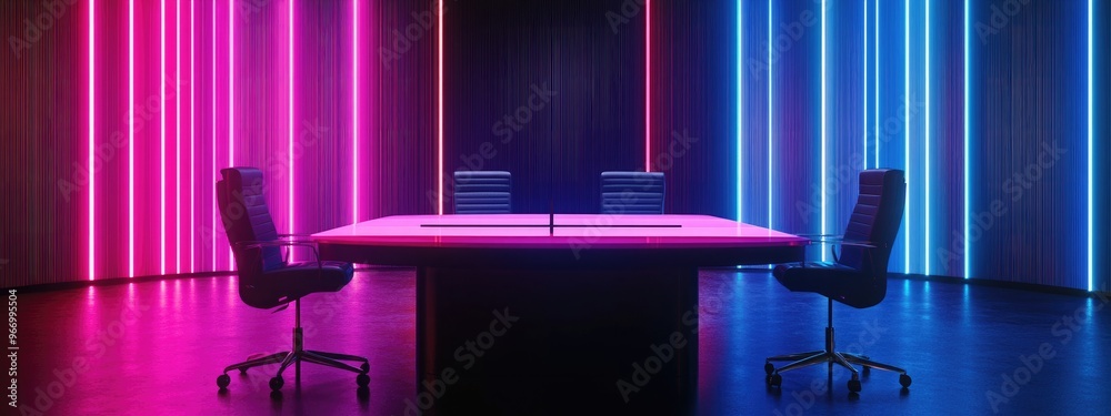 Aufkleber Wooden table and chairs displayed in a modern news studio environment 3D rendering