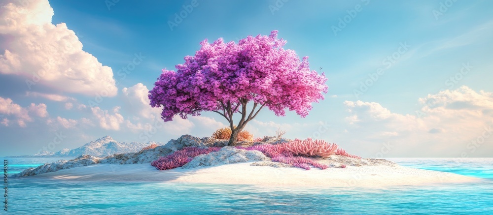 Aufkleber surreal 3d rendering of a pastel purple tree in a vibrant landscape featuring a colorful island and 