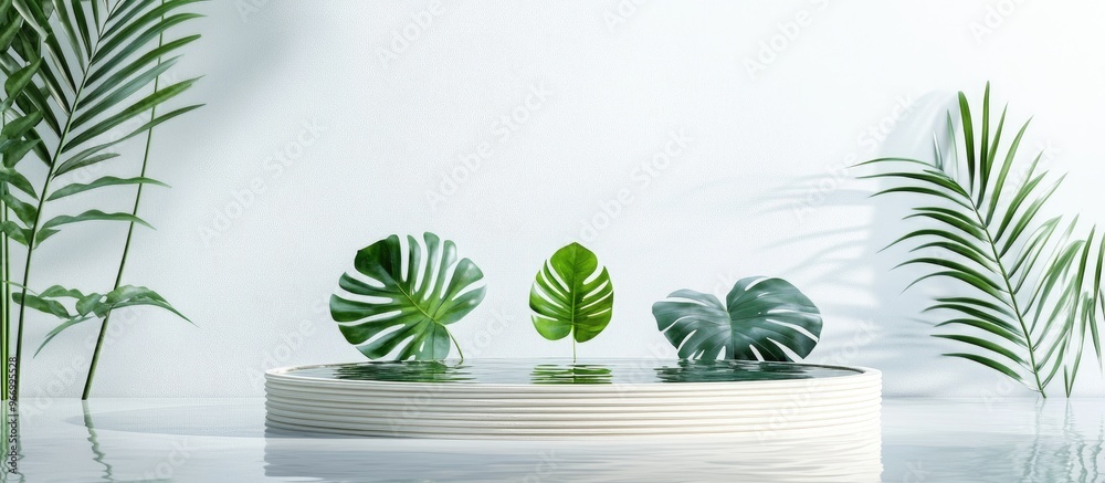 Poster product display pedestal featuring water reflection monstera leaf and bamboo leaf against a white ba