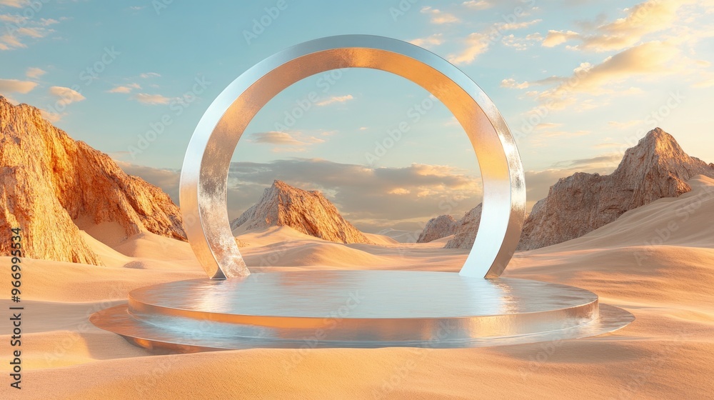 Poster Abstract sand dune cliffs featuring a metallic podium platform Surreal desert landscape backdrop with glossy metallic arches in a geometric design 3D rendering
