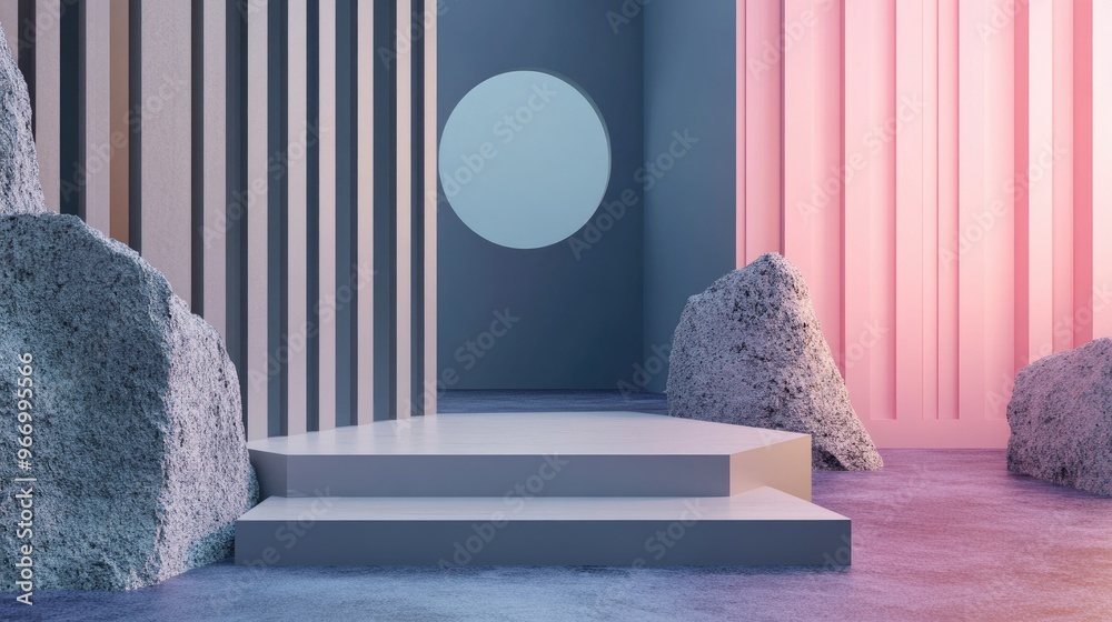 Fototapete Abstract 3D rendering featuring geometric forms and a display podium