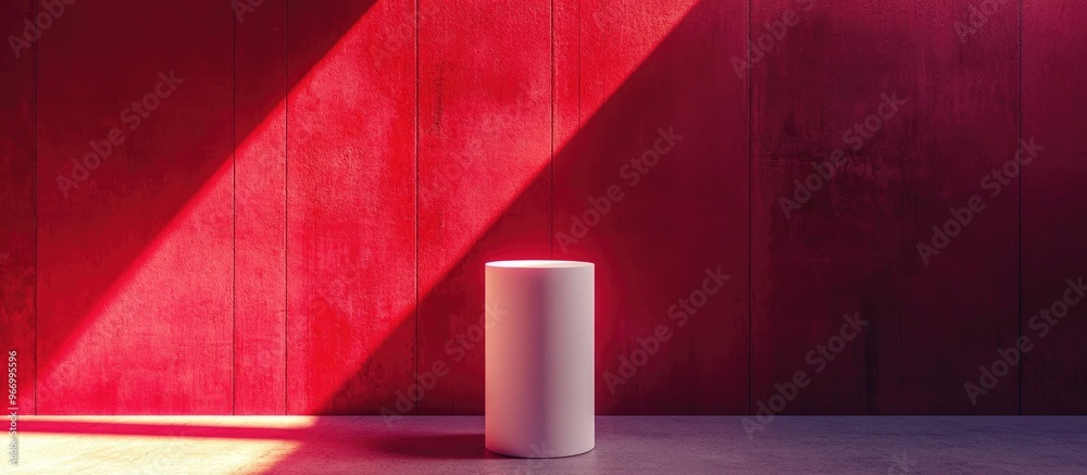 Poster Simple Minimal 3D Render Composition Featuring a White Cylinder Podium on an Abstract Neon Red Background with Shadows for Product Display Illuminated from the Right