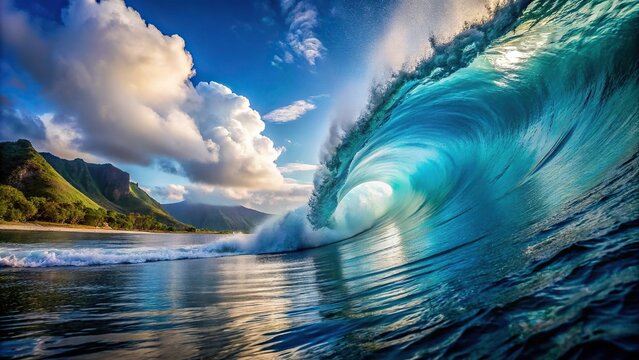 Teahupoo wave breaking at the end of road in Tahiti, French Polynesia
