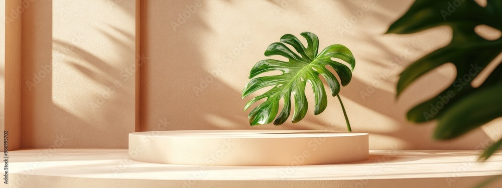 Poster brown product display podium featuring a monstera leaf 3d rendering