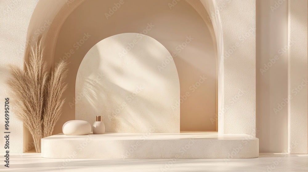 Poster Beige abstract minimalistic setting featuring a podium with geometric shapes 3D rendering suitable for cosmetic product display