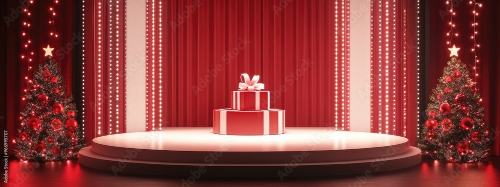 Poster christmas sale backdrop featuring a gift box and stage podium set against a red and white background