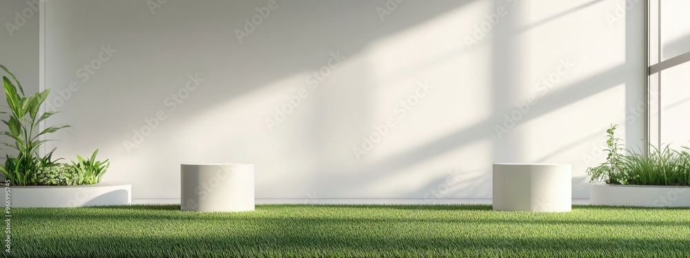 Poster white pedestals displaying products in a white room with grass flooring 3d rendering