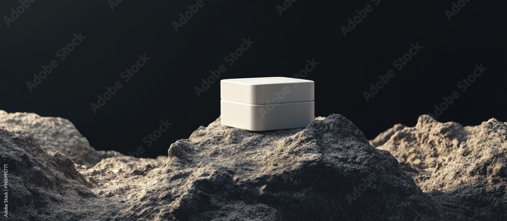 Poster Square cosmetic container on a rock surface with a black backdrop 3D rendering