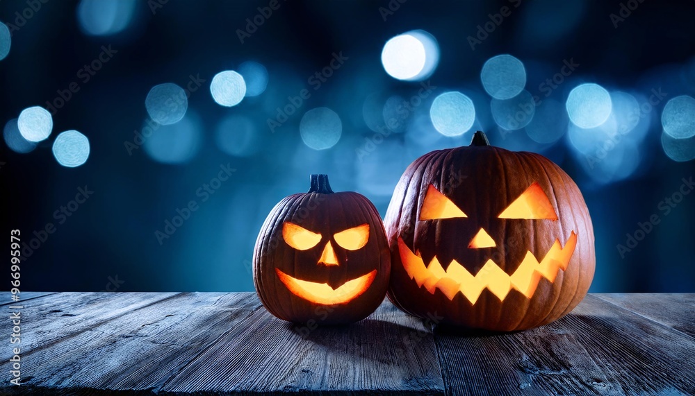 Poster two halloween lanterns with evil eyes and face on a wood table with a spooky dark blue background at