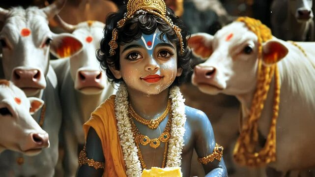 A child dressed as Lord Krishna with painted blue skin stands among decorated cows, celebrating Janmashtami, a prominent Hindu festival in India