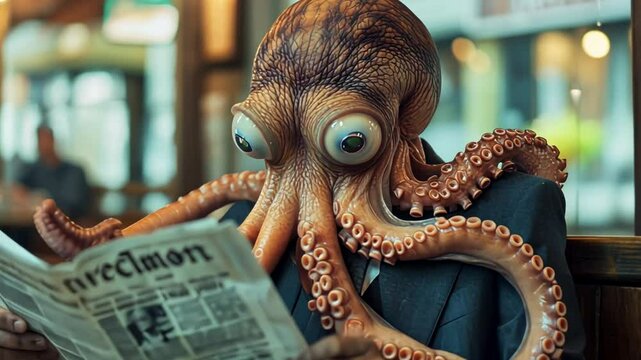 A humorous surreal-image concept of an octopus-headed humanoid reading a newspaper in a cafe, perfect for April Fools' Day or fantasy-themed content