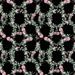 Seamless pattern with wreaths of roses in watercolor on a black background. Isolated illustration in a realistic style for packaging design, printing on fabric