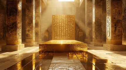 A reflective gold 3D podium positioned in the center of an Egyptian courtyard, with sunbeams illuminating hieroglyph-covered stone pillars