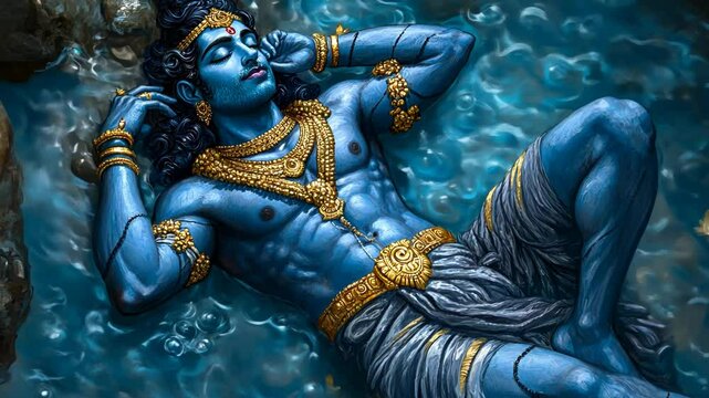 A serene depiction of Hindu deity Lord Shiva adorned in gold jewelry, reclining in water, evokes themes of divinity and religious festivals such as Maha Shivaratri and Diwali