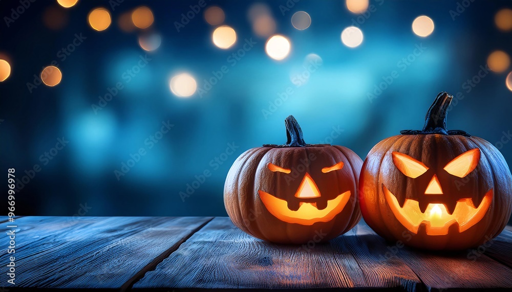 Poster two halloween lanterns with evil eyes and face on a wood table with a spooky dark blue background at