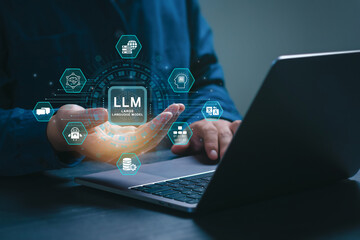 LLM, AI Large Language Model concept. Businessman working on laptop and holding LLM icons on...