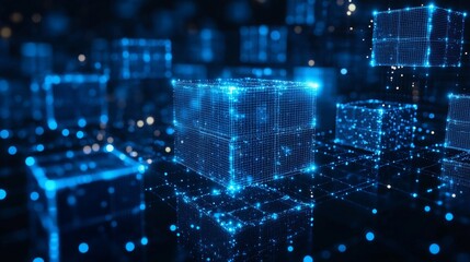 Obraz premium Tech background with interconnected blue cubes, glossy reflections, Double exposure silhouette with AI brain network