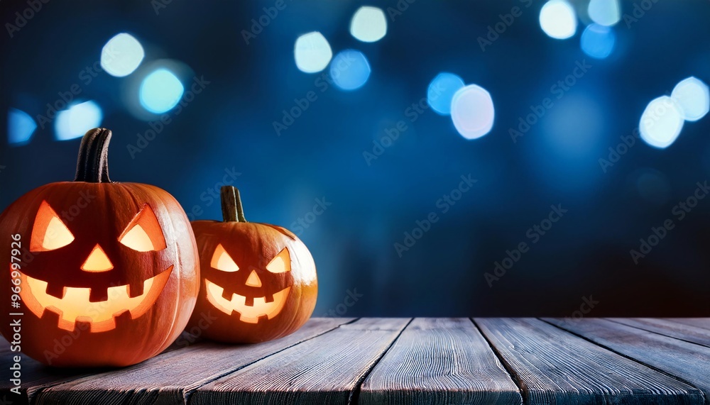 Poster two halloween lanterns with evil eyes and face on a wood table with a spooky dark blue background at