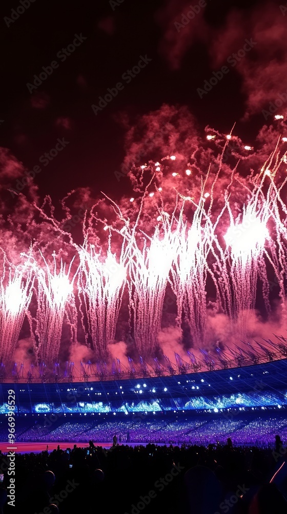 Poster A colorful fireworks display explodes over a large stadium, illuminating the crowd below.