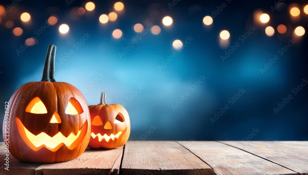 Aufkleber two halloween lanterns with evil eyes and face on a wood table with a spooky dark blue background at