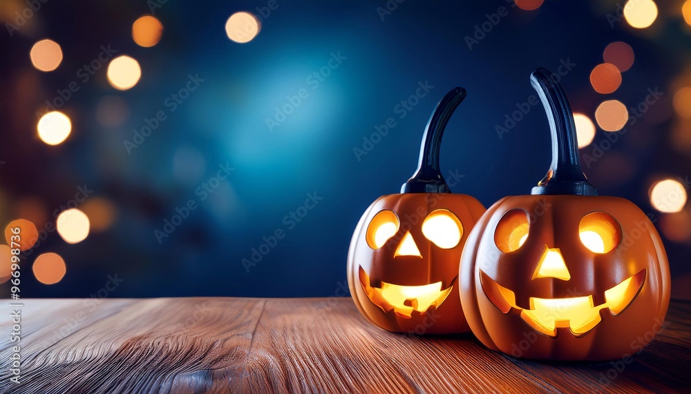 Poster two halloween lanterns with evil eyes and face on a wood table with a spooky dark blue background at